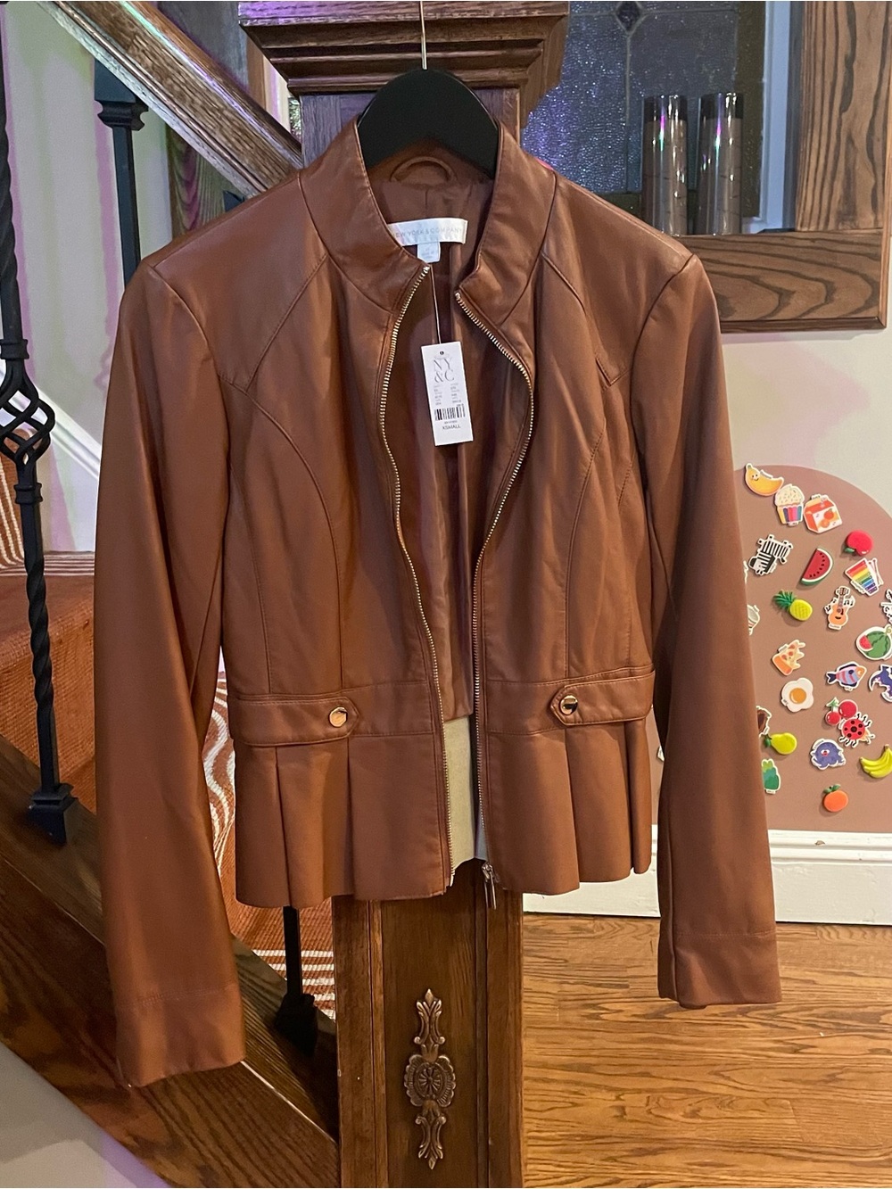 New York & Company Cognac Brown Faux Leather Peplum Jacket